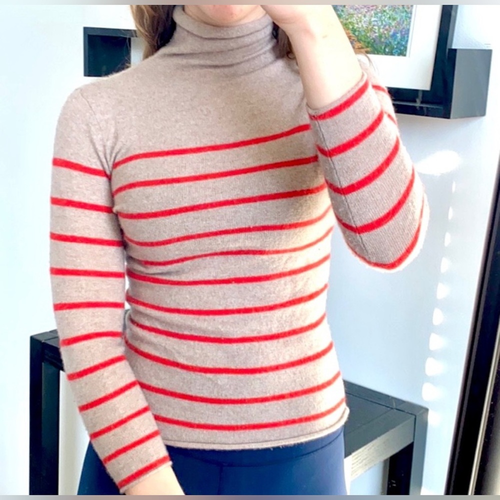 Halogen Tan Orange Striped Wool Cashmere Turtleneck Sweater size petite M